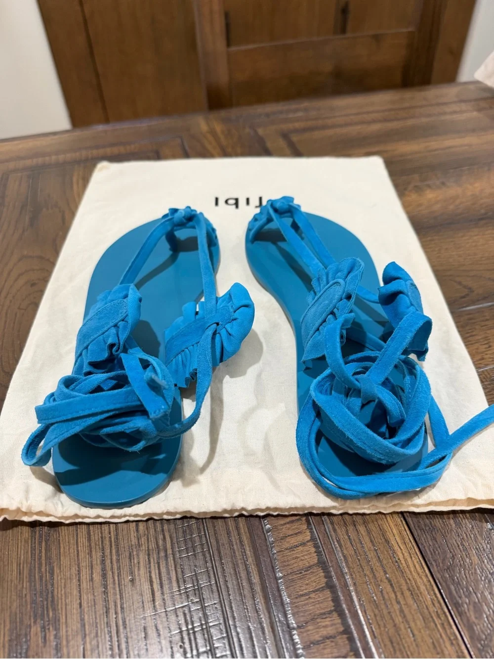 Tibi Amari Suede Sandal Azure Blue Lace-Up Flat Sz 40